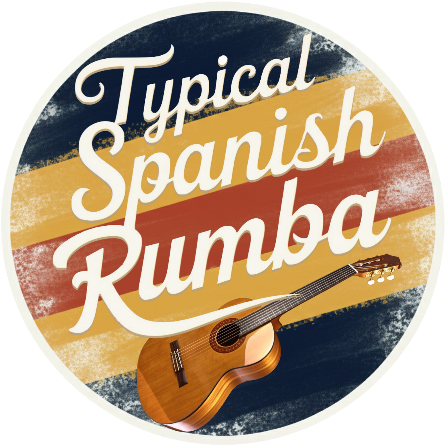 Logotipo circular de Typical Spanish Rumba con franjas de colores azul marino, ocre y granate con textura artística de pincelada y bordes irregulares sobre fondo neutro.
