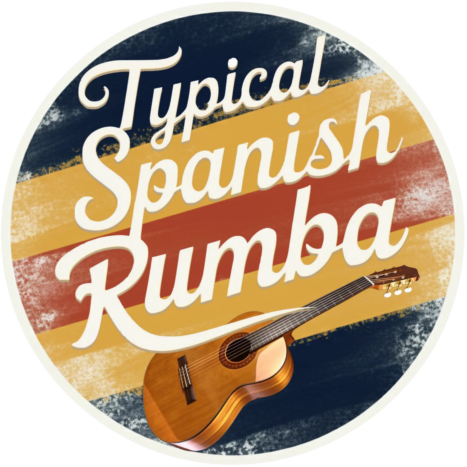 Logotipo circular de Typical Spanish Rumba con franjas de colores azul marino, ocre y granate con textura artística de pincelada y bordes irregulares sobre fondo neutro.