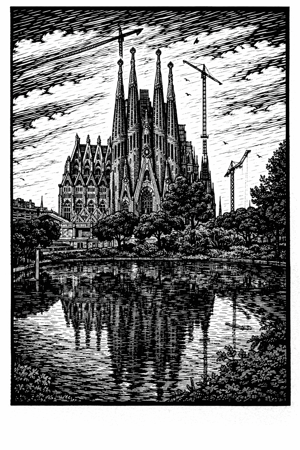 Ilustración en blanco y negro de la Sagrada Familia con grúas, árboles y el reflejo del templo en un estanque