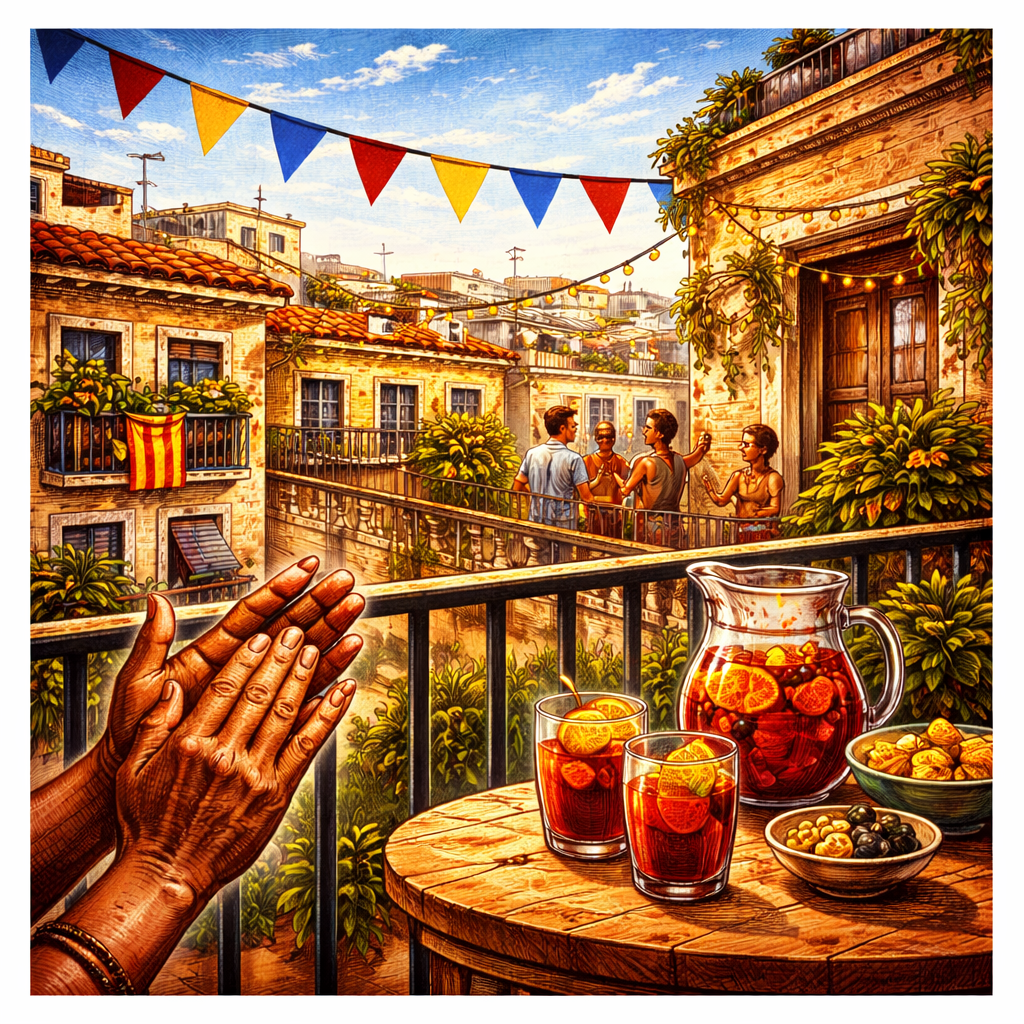 Terraza con mesa de madera, jarra y vasos con bebida roja y fruta, banderines y vecinos conversando en balcones